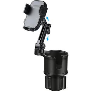 Cup Phone Holder for Car with Expandable Base, 2 in 1 Height-Adjustable Dual Cell Phone Holders Car Cupholder Mount, Friendly Fit Large Bottle & iPhone All Cellphone for Truck SUV | No Shake Design (Gray)