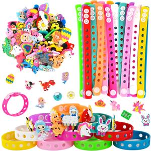 GOLDGE 20 Pcs Silicone Charm Bracelets for Kids with 50 Pcs Decorative Charms  Adjustable 8-Inch Rubber Wristbands for Students, Fun Charms & Bulk Party Favors for Boys & Girls