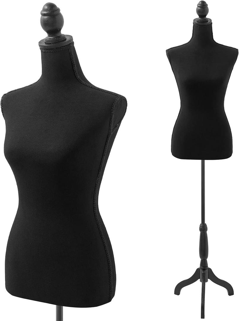 Manikin 49.6”-63.4”Height Adjustable Female Dress Model Display Torso Body Wooden Tripod Stand Clothing Forms High Density Foam Portable Display Mannequin (Black)
