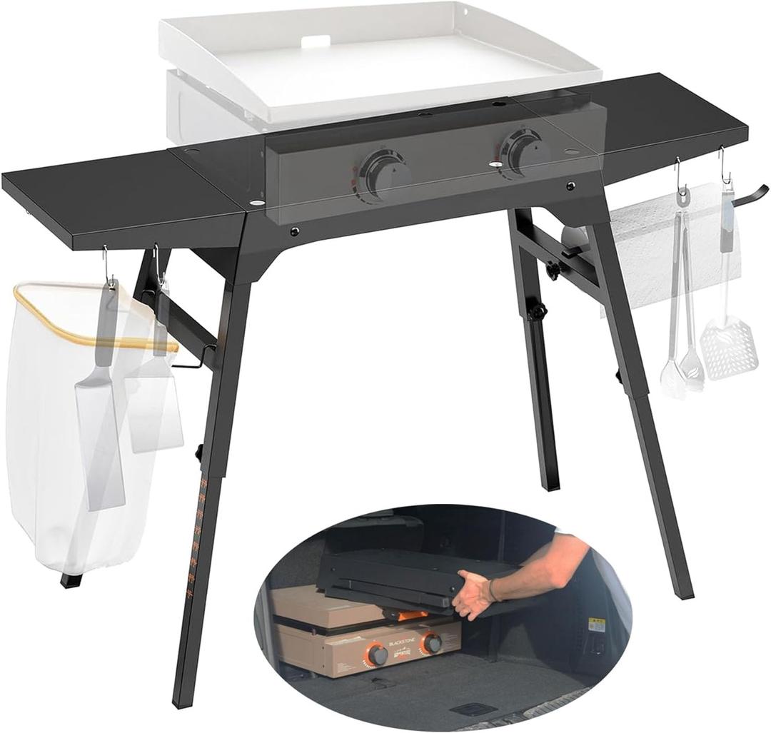 Upgraded Griddle Stand for Blackstone 22/17, Portable Blackstone Stand with Adjustable Legs, Side shelfs, Tool Hooks, Garbage Bag Holder & Paper Towel Holder, Grill Stand for Outdoor Cooking/Camping