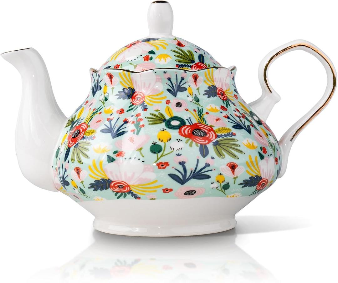 33.8 oz Porcelain Tea Pot Luxury Gold Trim Floral Ceramic Teapot Waterpot Tea Maker for Blooming Loose Leaf Tea Coffee Milk Chrismas Women Gift Housewarming Home Kitchen Dcor (Mint)