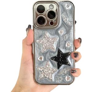 iPhone 15 Pro Max Case Silver 3D Stars Twinkle Glitter Y2K Pattern Cute Simple Stylish Aesthetic Personalized Design for Women Girls Phone Case, 6.7"