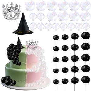42 Pcs Witch Party Decorations Kit - Halloween Cake Toppers with Black Balloons, Silver Crown, Witch Hat & Glitter Balls for Birthday, Fantasy Party Supplies (Transparent ball+Silver Crown)