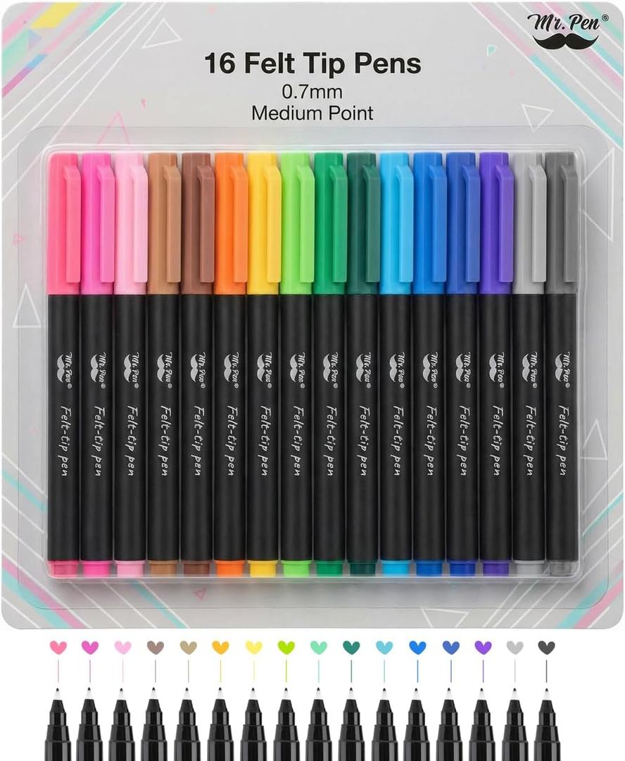 Mr. Pen- Felt Tip Pens, 16 Pack, 0.7mm Colorful Felt Pens, No Smear, Quick Dry