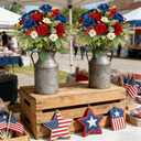 EYNDYN 12 Bundles 4th of July Artificial Rose Patriotic Faux Fake Red White Blue Flowers Bouquet with Ribbon for Independence Day Memorial Day Farmhouse Table Centerpiece Floral Vase Home