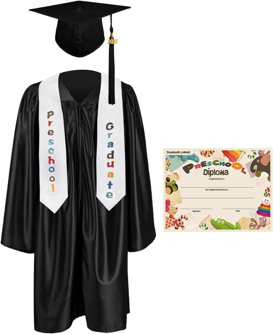 GraduationMall Preschool Graduation Cap Gown Stole Package with 2025 Tassel, Certificate (Small, Black)