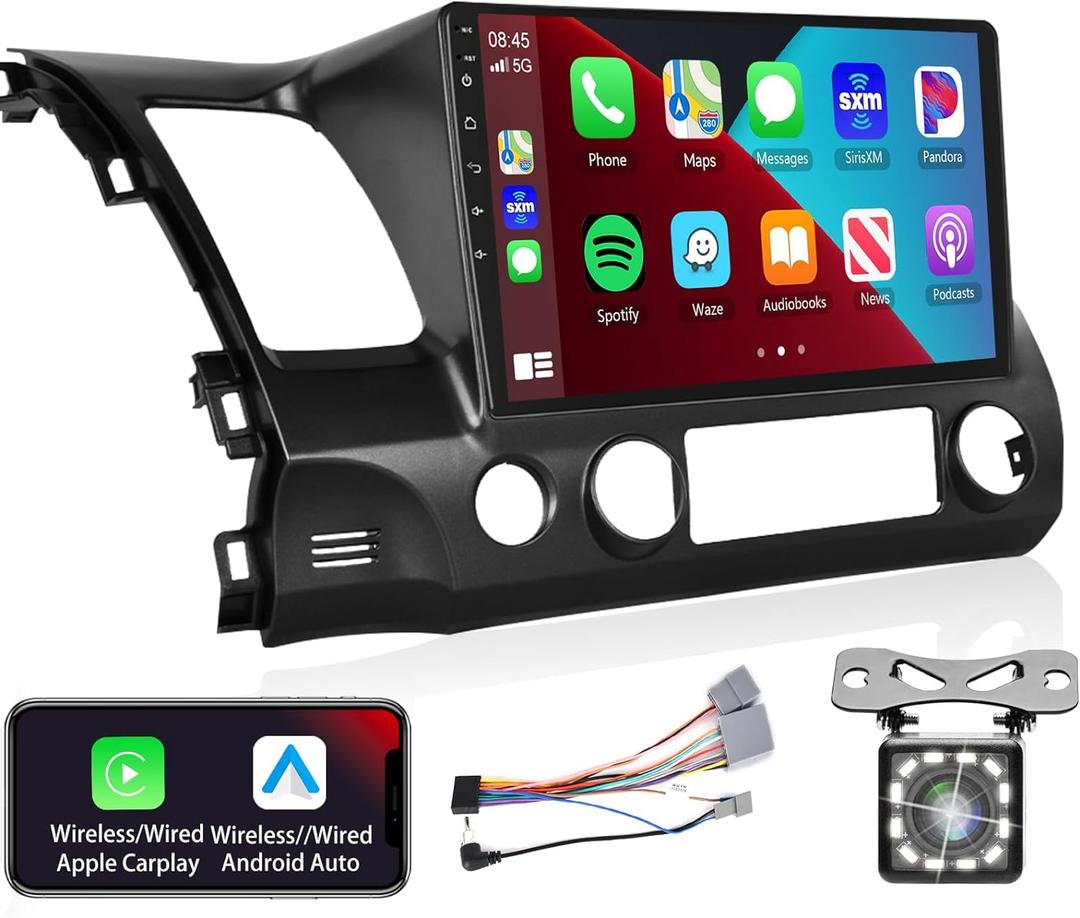 Podofo Radio for Honda Civic 2006 2007 2008 2009 2010 2011 Car Stereo with Wireless CarPlay Android Auto,10.1 Inch 1080P Touch ScreenBuild-in DSP EQ GPS Chip Bluetooth RDS FM WiFi Camera 2G+32G