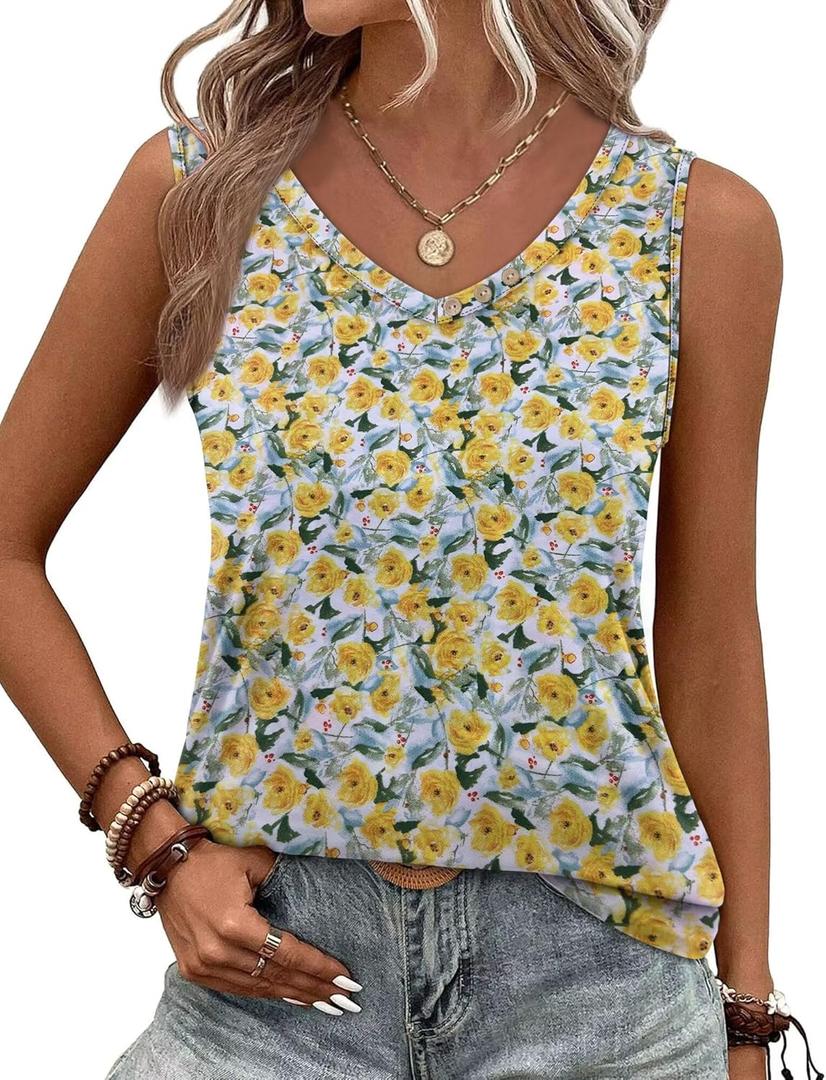 CRAZY GRID Women's Tank Tops V Neck Casual Sleeveless Tops for Women 2025 Basic Trendy Tank Oversized Summer Blouses S-3XL (Yellow, L)