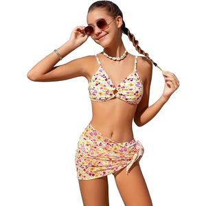 OYOANGLE Girl's 3 Piece Bikini Sets Floral Print Spaghetti Straps Wireless Swimsuits with Beach Skirt, Size 12Y