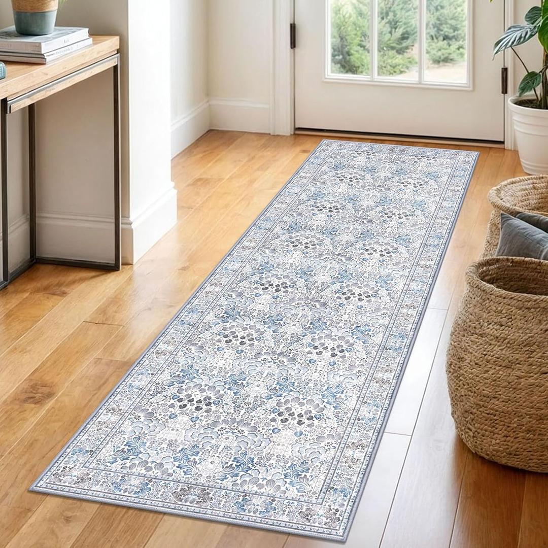 SIILOOM 2x6 Washable Runner Rug for Hallways, Grey Blue Soft Floor Modern Kitchen Rugs with Non-Slip, Non-Shedding Boho Rug for Bedroom Kitchen Porch Laundry Entryway 