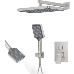 Shower System 13-Inch Rainfall Shower Head - 3 Setting Handheld Sprayer, Complete Bathroom Set with Faucet Mixer Trim Kit & Valve Brushed Nickel