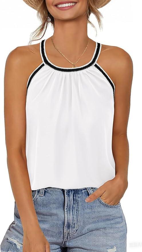 KIRUNDO Halter Tops for Women 2025 Summer Pleated Tank Top Boho Casual Camisole Sleeveless Shirts Beach Vacation Clothes, Small