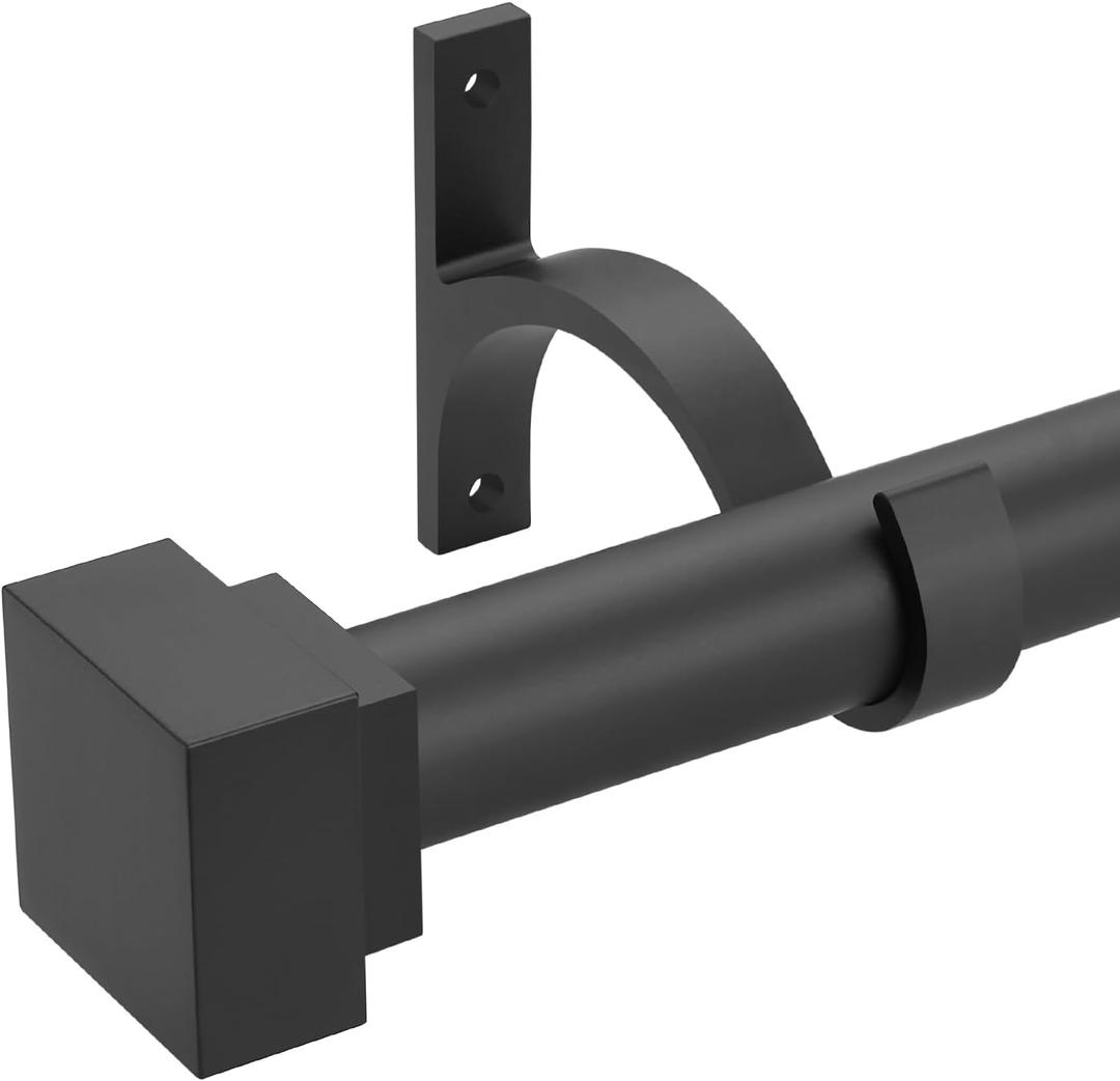 Single Curtain Rods for Windows 28 to 48 Inch(2.3-4ft),1 Inch Diameter Adjustable Heavy Duty Drapery Rods,with Modern Square Aluminum Alloy Finials,Matte Black