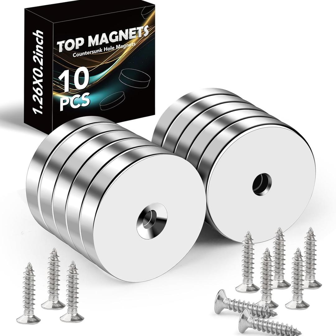 10 Pack Rare Earth Magnets with Holes and Screws,30LB Pulling Force Strong Heavy Duty Neodymium Magnet for Cabinet Door,Tool Room,Whiteboard,Craft,Wall Mounting,Office - 1.26x0.2 in