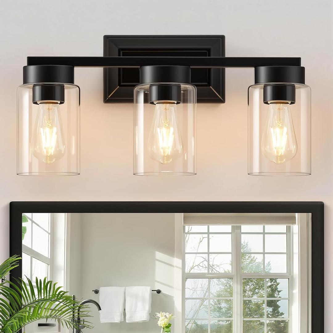 EJIAXIN Bathroom Lights Over Mirror, 3 Light Bathroom Light Fixtures with Clear Glass Shade Modern Matte Black Vanity Lights Lighting for Bathroom, Mirror, Living Room, Bedroom, Hallway