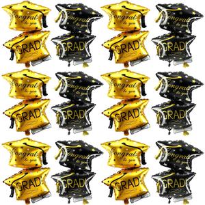 12 Pieces Black and Gold Graduation Hat Balloon 32 Inches Congrats Grad Cap Foil Balloons for Class of 2026 Party Decorations Supplies