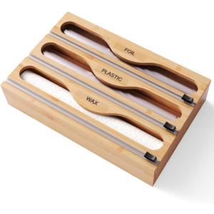 Wrap Dispenser with Cutter and Labels, Plastic Wrap Organizer For Kitchen,Bamboo 3-in-1 Wrap Dispensers for Cling Wrap Aluminum Foil and Wax,Storage Organization HolderNatural