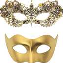 Couple Masquerade Lace Mask Set, Fit for Women and Men Venetian Halloween Masks, Specially for Costume, Mardi Gras (Gold)
