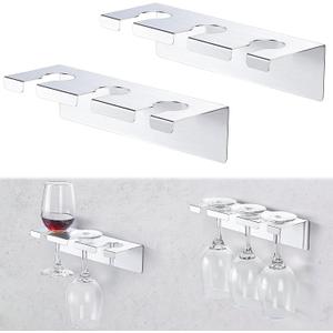 2 Pack Glass Rack Wall Mounted, Hanging Stemware Storage Glasses Holder, Stainless Steel Cup Holder Organizer for Shelf, Kitchen, Bar, Silver