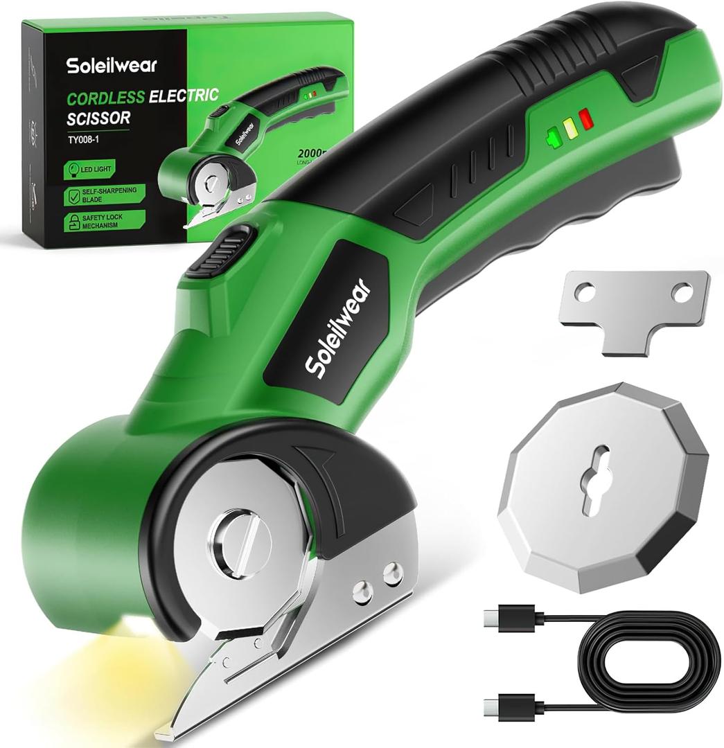 Cardboard Cutter, Rechargeable Cordless Electric Scissors, 4V Upgrade Motor Electric Box Cutter with 2 Blades, Safety Lock & LED Light, Powerful Cutting for Cardboard Box, Plastic, Leather, (Green)