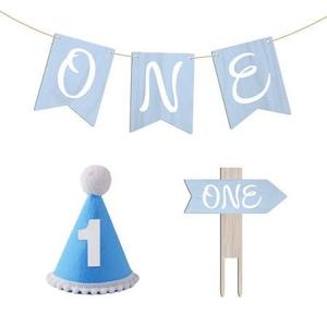 Blue 1st Birthday Decorations First Birthday Decor for Boys Wooden ONE Cake Topper & Banner & Hat & Number 1 Cake Topper & Balloons(Set)