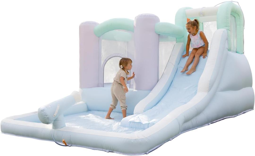 Bounceland Splash Zone Dream Wet or Dry Bounce House Water Slide, 11.5ftL x 9ftW x 6ftH, Pastel Color, Spacious Bounce Area, Splash Pool, Climbing Wall, Blower Included, Trendy Kids Outdoor Play