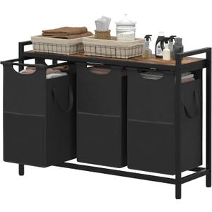 Heybly Laundry Hampers, 3  12.5 Gal Laundry Basket with Large Desktop Sorter for Laundry Room Organization, Bathroom and Dorm Laundry Bags on Storage Shelf, Rustic Brown HLH003SR