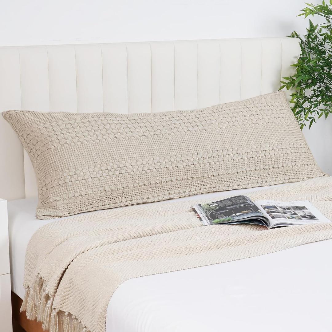 PHF 100% Cotton Waffle Body Pillowcase with Zipper, 1 Pack 20" x 54" Soft Skin-Friendly Pillow Sham, No Filling, Aesthetic Woven and Breathable Waffle Weave Body Pillow Cover for Bed, Oatmeal (54" x 20" (Pack of 1))