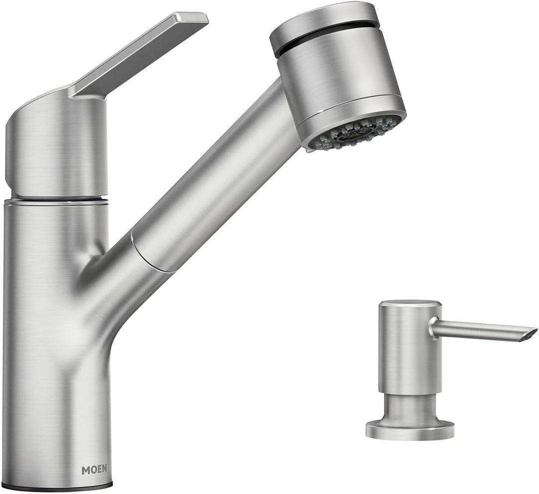 Moen Sombra Spot Resist Stainless Single-Handle Pull-Out Sprayer Kitchen Faucet with Soap Dispenser and Power Clean, 87701SRS