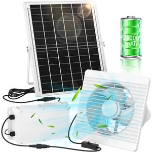 Solar Exhaust Fan with 24000mAh Battery, 25W 9.8" Solar Powered Fan for Day/Night Use, 3200 RPM High-Speed Low Noise Waterproof Ventilation Fan for Chicken Coops, Greenhouses, Garages & Sheds