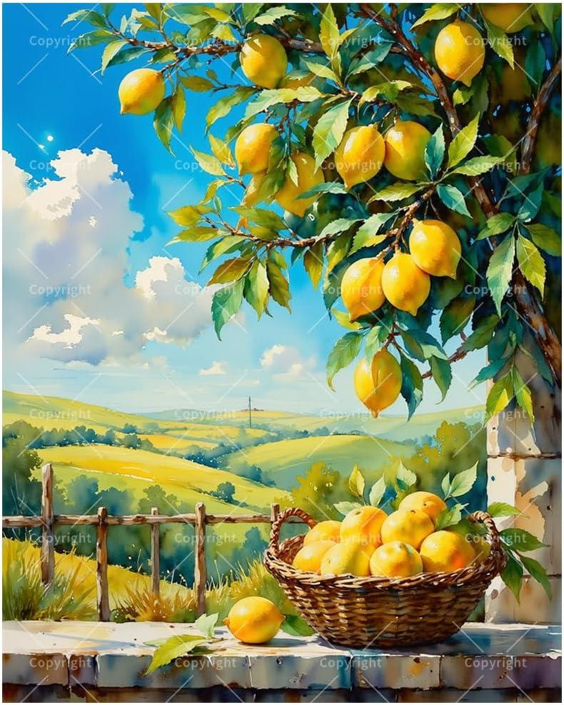 Still Life Paint by Numbers Kit for Adults - DIY Lemon Tree and Basket Painting on Canvas, Acrylic Paint Set, Suitable for Beginners, Farmhouse Art for Home Decoration or Gifts(16X20IN Framed)