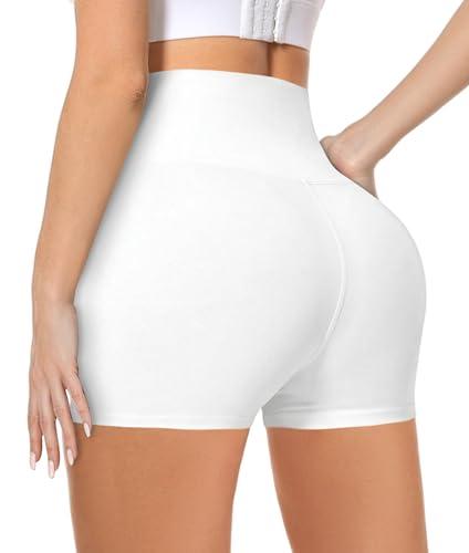 MOREFEEL High Waisted Biker Shorts for Women-3''/5'' Gym Bike Spandex Workout Shorts Tummy Control Shorts for Women White Summer Gifts Leggings Pants Compression Volleyball Shorts (White,S-M)