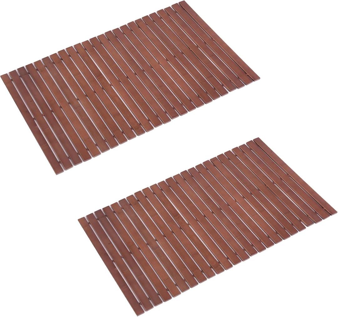 Bamboo Bath Mat Bathroom Rugs Floor Wood Shower Bathtub Waterproof Non Slip Walnut Bamboo Accessories 16x24 Inch Easy to Clean, 2 pcs