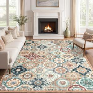 Area Rug 8X10 Living Room Rugs - Large Bohemian Floral Machine Washable Low Pile Stain Resistant Rug Soft Non Slip Neutral Indoor Floor Carpet for Bedroom Kitchen Dining Room Office,Cream/Multi
