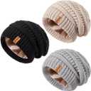 3 Pack Satin Lined Beanie for Women, Warm Slouchy Winter Hats with Silk Lined, Fashionable Oversized Cable Knit Hat Skull Cap (Black, Oatmeal, Gray)