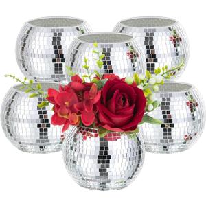 Disco Ball Vases for Table Centerpieces - Hewory 6pcs Silver Mirror Glass Planters Flower Pot Containers, Bulk Disco Balls Bowl Candle Holders for Wedding Bridal Shower Birthday Events Party Decor