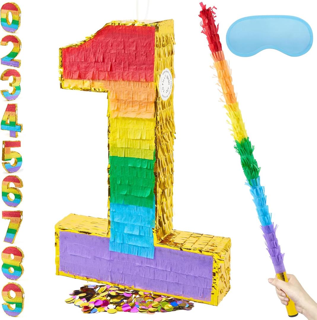 PCFING 20 Inch Number 1 Piata Rainbow with 30 Inch Piata Stick Blindfold Confetti for Boys Girls Adults Birthday Party Decorations, Anniversary Celebration, Fiesta