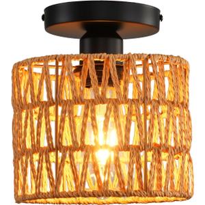 Ceiling Light Fixture,Hand-Woven Rattan Flush Mount Ceiling Light,Farmhouse Light Fixtures Ceiling Mount Boho for Hallway Bedroom Kitchen Entryway Living Room (1 Pack Brown)