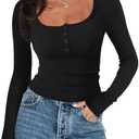 Meetrendi Women's Long Sleeve Square Neck Henley T Shirts Button Ribbed Knit Slim Fit 2024 Fall Casual Basic Tops Blouse XS