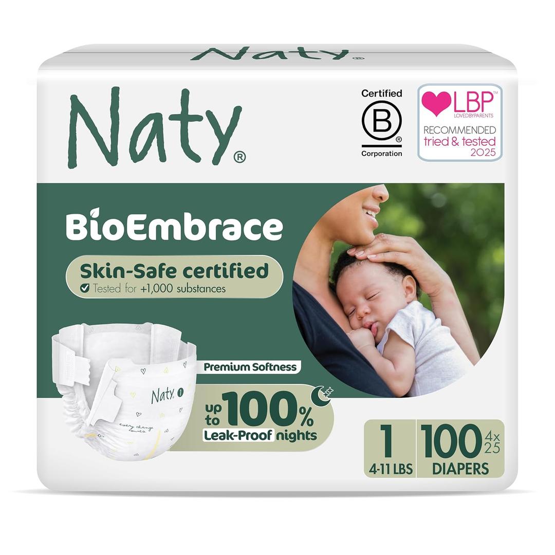 Naty BioEmbrace Baby Newborn Diapers | Sensitive Skin Safe Certified | Leak Protection up to 100% | PlantBased Teddy Softness, Premium Comfort | ChlorineFree | Size 1 (4–11 lbs), 100 Count