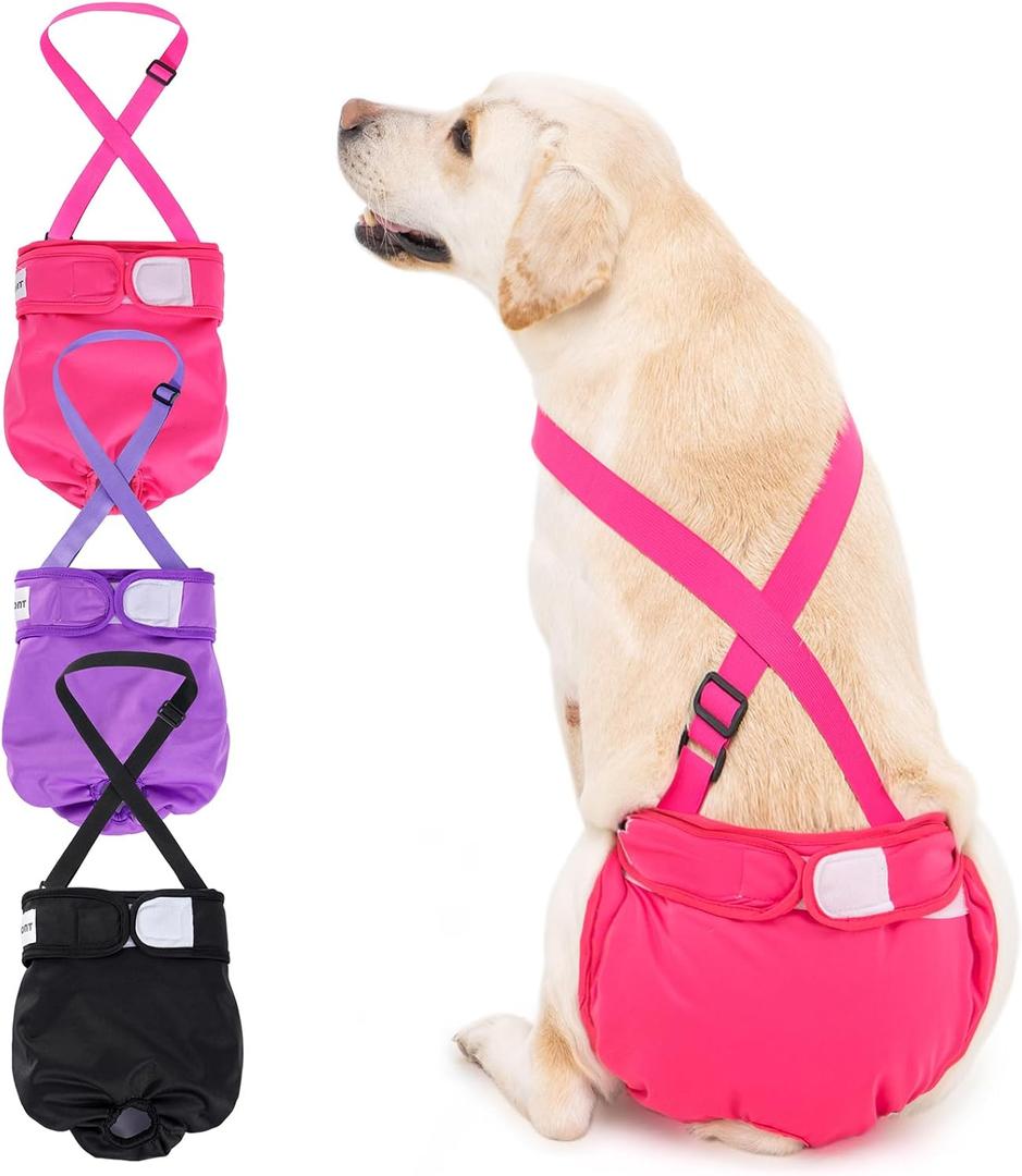 3 Pack Avont Washable Female Dog Diaper with Suspender, Reusable Girl Doggie Diapers for Small Medium Large Doggy in Heat Cycle Period Incontinence -XL (Black/Pink/Purple)