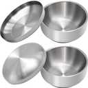 Stainless Steel Rice Bowl with Lid, Set of 2, for Korean Kitchen Restaurant, Double-walled Metal Bowls, Multi-Purpose Insulated Soup Bowls Snacks Bowls (13cm Silver)