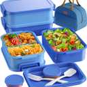 KEMETHY Adults Bento Lunch Box Set with Thermo Bag, 74oz Stackable Leak-proof 3-tiers Bento Box, Built-in Utensil and Sauce Container for Work, School, Dining Out (Blue)