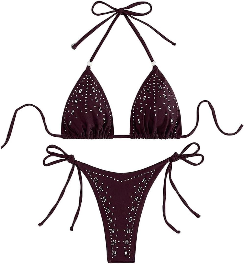 WDIRARA Women's 2 Piece Bikini Set Halter Triangle String Rhinestone Swimsuit Bathing Suit (Burgundy) Small