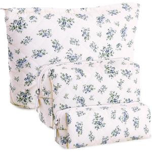 Paterr 3 Pcs Makeup Bag Quilted Cotton Cosmetic Pouch Set Cute Bow Floral Coquette Aesthetic Preppy Makeup Skincare Bag Travel Toiletry Bags for Women Valentine's Gift(Floral,Vintage Color)