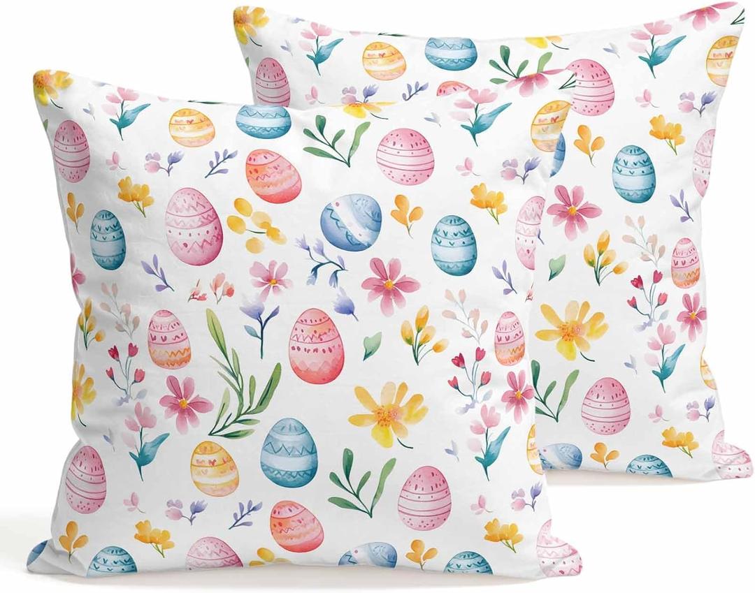 Easter Decorative Throw Pillow Covers 18x18 Set of 2 Colorful Eggs Spring Square Pillow Covers for Couch Floral Leaves Cushion Cases for Living Room Bedroom Bed Car Chair