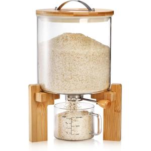 Tlence 5L Glass Rice Dispenser, Cereal Container with Bamboo Stand, Large Airtight Food Storage Bin, Rice Organization Tank with Measuring Cup for Grain Coffee Beans Dry Food