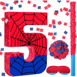 Simgoing Number 5 Spider Web Piata Bundle with Blindfold Small Piata for Kids Birthday Party Decoration Mexican Fiesta Cinco De Mayo Anniversary Celebration Gift, 15.75 x 11 x 2.8 In(Red Blue)