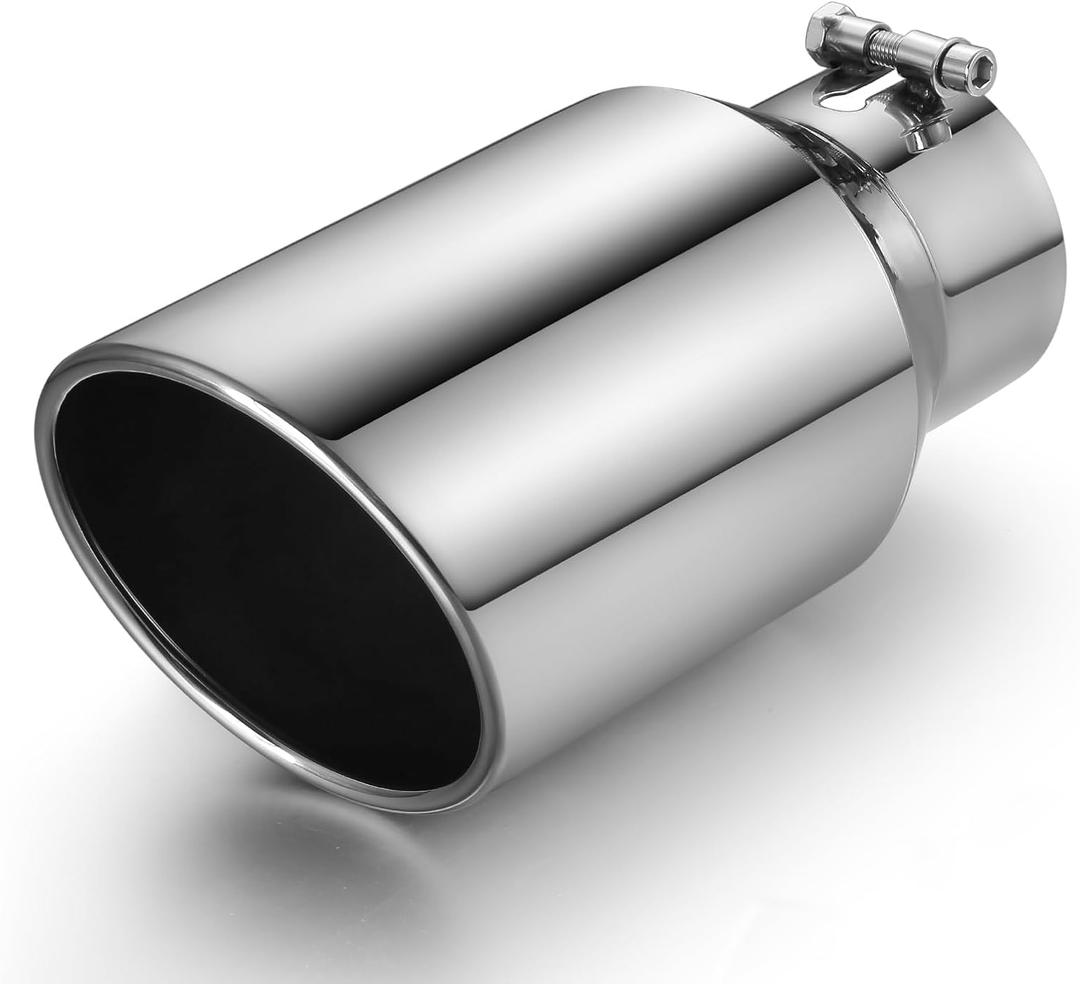 Exhaust Tip 4" Inlet 6" Outlet 12" Long, High Performance Stainless Steel, Rustproof Polished Finish, Rolled Angle Cut, Bolt-On Diesel Tail Pipe, Universal for Car Truck