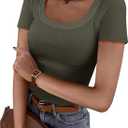 Women Short Sleeve Tops Ribbed Knit Slim Fit U Neck Top Basic Tee Shirts for Summer Casual Trendy Blouse (Large, Army Green)